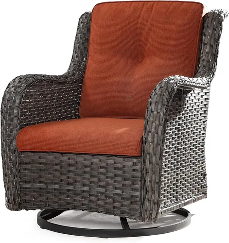 Vista 57 de Juego de 2 sillas de patio giratorias de 360 grados para exteriores y mesa auxiliar a juego – 3 sillas deslizantes de mimbre para patio con cojines