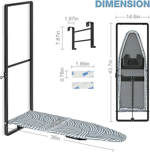 Vista 2 de KINGBOARD Tabla de planchar para colgar sobre la puerta, tabla de planchar colgante con soporte para plancha, 36" x 12" tabla de planchar compacta
