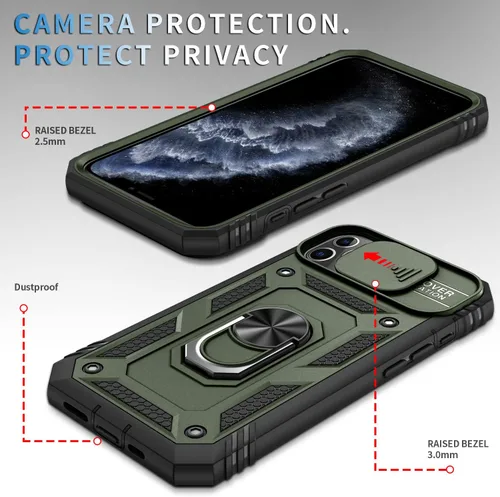 Vista 2 de PASNEW Funda militar para iPhone 13 Pro Max, cubierta de cámara deslizante y soporte de anillo de metal de 360°, carcasa rígida multicapa resistente