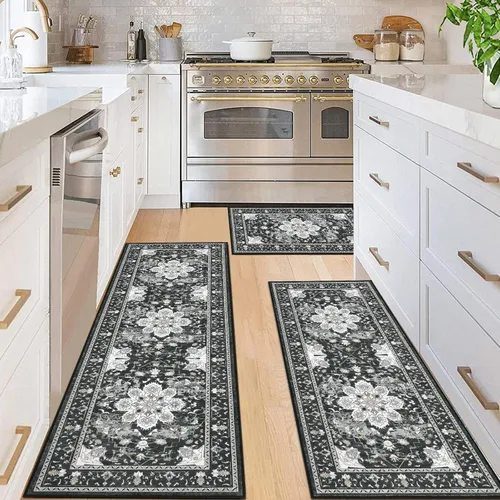 Vista 3 de Bsmathom - Juego de alfombras de cocina de estilo rústico de 3 piezas con corredor, alfombras de cocina antideslizantes y lavables, alfombras