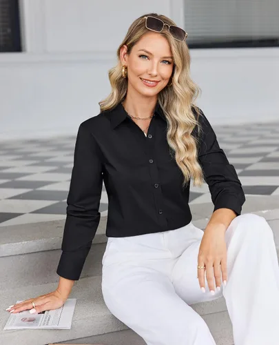Vista 7 de siliteelon Camisa con botones para mujer: camisa de vestir con cuello de manga larga de algodón con botones, blusa de trabajo y oficina