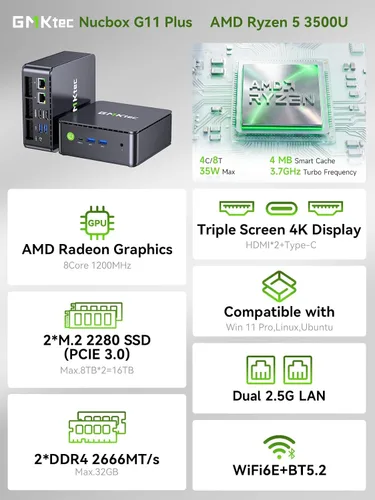 Vista 2 de GMKtec Mini PC, G11 Plus AMD Ryzen 5 3500U16GB DDR4 RAM 512GB SSD Computadora