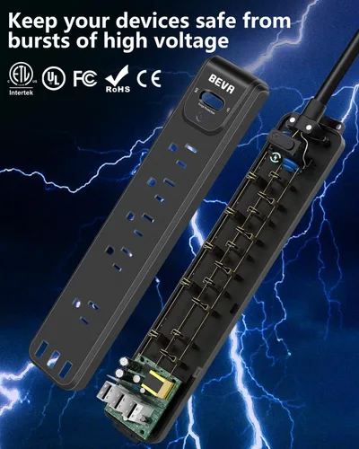Vista 5 de Regleta protectora contra sobretensiones, 5 tomas ampliamente espaciadas, 3 puertos USB con cable de extensión resistente de 5 pies, enchufe plano