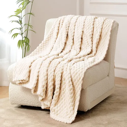 Vista 2 de FY FIBER HOUSE Manta de Vellón para Sofá 300GMS Súper Suave de Felpa Difusa Mantas y Cobijas para Sofá Cama Oficina, 40x50 Pulgadas, Beige
