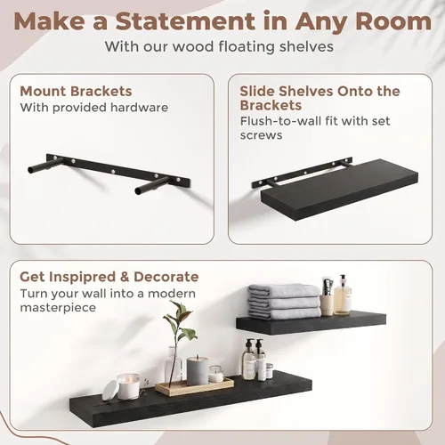 Vista 5 de 16 Inch Floating Shelves for Wall 2 Pack, 8"D Wood Grain Bathroom Shelves Acabado negro