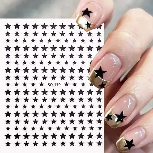 Vista 3 de 6 Hojas de Calcomanías de Arte de Uñas con Estrellas Calcomanías 3D con Purpurina Brillante Dorada Plateada Blanca Negra Estrellas Calcomanías