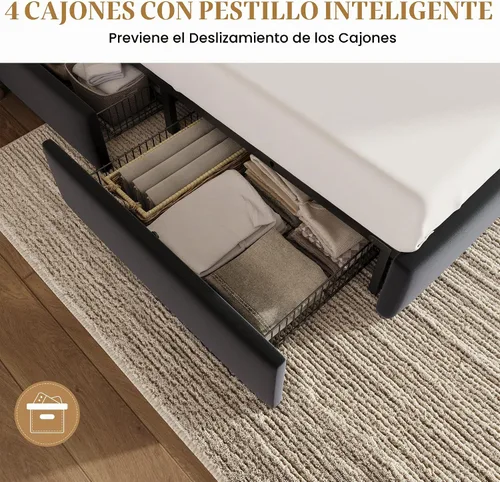 Vista 5 de SHA CERLIN Base de cama de plataforma de tamaño matrimonial con 4 cajones de almacenamiento, cabecera tapizada de terciopelo, base de colchón