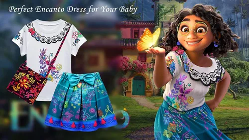 Vista 4 de Meiniyea Mirabel Costume Dress for Girls Cartoon Luisa Costume Printing Cosplay Princess Dress Outfits with Little Bag