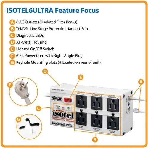 Vista 3 de Tripp Lite Isobar - Protector de sobretensiones de 6 tomas de corriente, cable de 6 pies, enchufe de ángulo recto, teléfonofaxmódem, metal