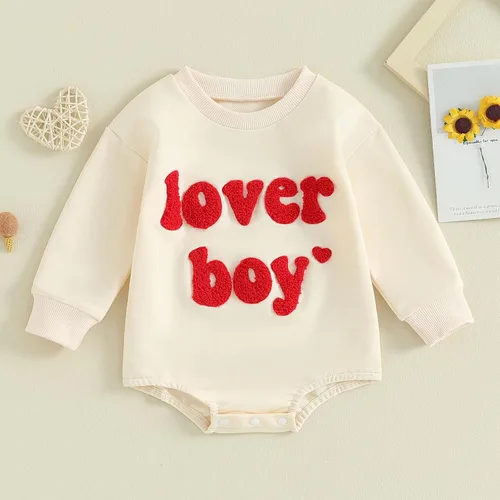 Vista 2 de SOLILOQUY Traje de manga larga con cuello redondo para el primer día de San Valentín para bebé niño y niña, mameluco de corazón de amor