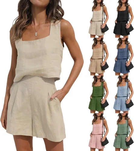 Vista 2 de Conjunto corto de 2 piezas para mujer, conjuntos de verano a juego, camisetas cortas de lino y algodón con bolsillos