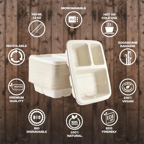 Vista 2 de Aakriti - Bagazo natural 100% compostable, fibra de caña de azúcar, biodegradable, resistente, sin blanquear para almuerzo, cena, platos de fiesta
