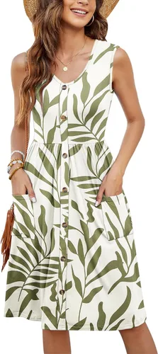 Vista 41 de MOLERANI Vestido de verano para mujer, sin mangas, estilo casual, suelto, con vuelo, botones, midi, con bolsillos 01-beja Blue