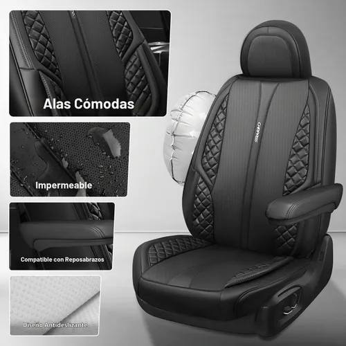 Vista 6 de CAR PASS Juego completo de fundas de asiento de automóvil de piel de napa para automóvil, protector de asiento de lujo para automóviles, Negro