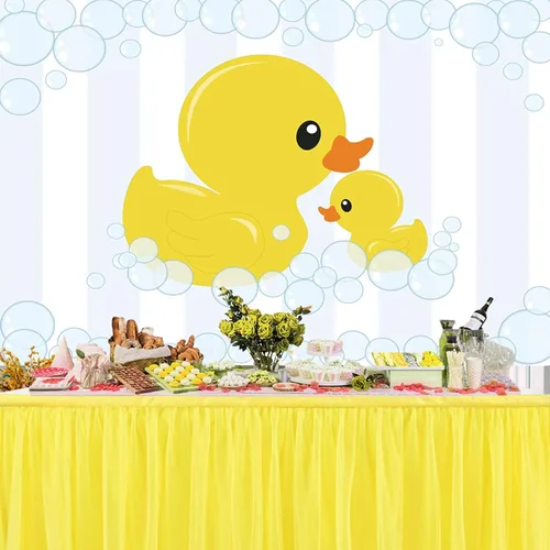 Vista 3 de Renaiss Telón de fondo de tela de pato amarillo con burbujas de goma para baby shower, fiesta de cumpleaños, fondo de fotografía para niños, recién