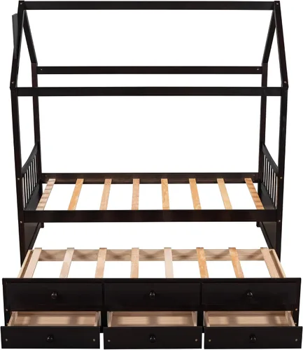 Vista 7 de Cama de madera maciza tamaño individual con techo, nido, 3 cajones de almacenamiento, sofá cama de plataforma para muebles de dormitorio, sala