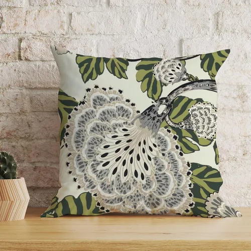 Vista 5 de ArogGeld Funda de cojín con flores verdes y blancas con flores grises y negras y hojas verdes en estilo chinoiserie, funda de almohada cuadrada