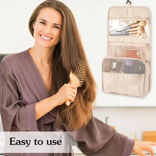Vista 6 de Pengxiaomei Neceser para mujer, bolsa de cosméticos impermeable para colgar, bolsa portátil de maquillaje de viaje, bolsa de baño con asa Beige