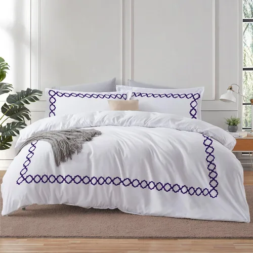 Vista 30 de BedDecor: Enchanted Oasis - Juego de funda de edredón de 3 piezas de 600 hilos de algodón egipcio con bordado de cuadrifolio, ultra suave