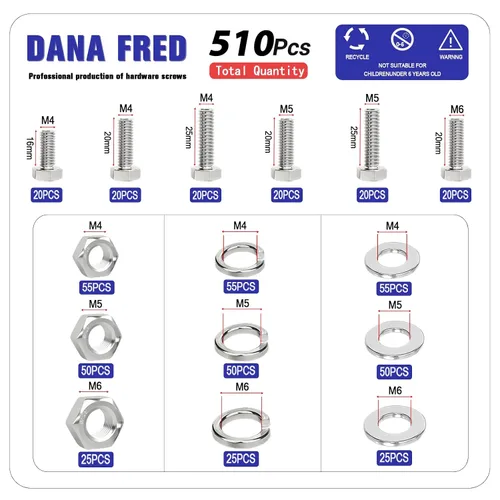 Vista 2 de Kit de 510 tornillos y tuercas M4 M5 M6 – Surtido de tornillos de cabeza hexagonal de acero inoxidable 304 con arandelas planas y de resorte, 15