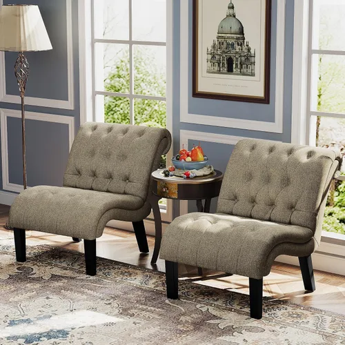 Vista 10 de Silla decorativa de piel sintética negra moderna con botones capitoné tapizada sin brazos para dormitorio, sala de estar con patas de madera Silla