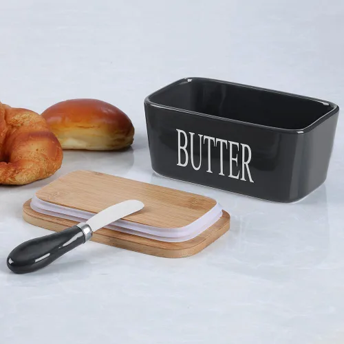 Vista 6 de Mantequillera de cerámica con tapa de madera, contenedor grande de mantequilla con esparcidor de cuchillo de acero inoxidable, cubierta de bambú