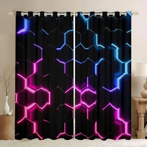 Vista 41 de Feelyou - Cortinas de ventana en forma de panal, tema geométrico hexagonal con luces de neón verdes, para chicos adolescentes y hombres, elegante