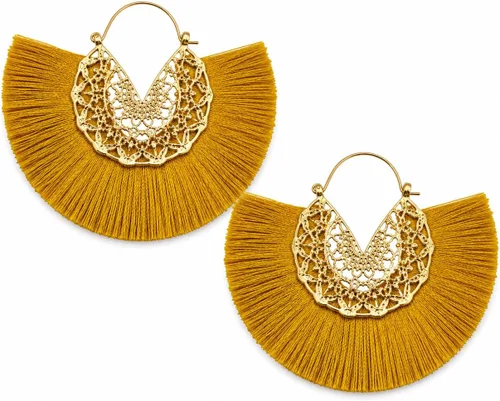 Vista 15 de Aretes de aro con borla, aretes colgantes de hilo de declaración, elegantes aretes largos con flecos, ligeros, largos y con gancho francés, para un