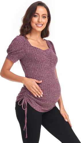 Vista 19 de Camisas de maternidad para mujer, cuello cuadrado, manga larga abombada, linda, casual, blusas, ropa de otoño Albaricoque