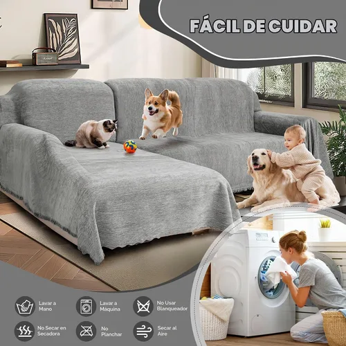 Vista 7 de juego de fundas 100% impermeables para sofá modular para perros de felpilla en forma de L, juego de manta para sofá con borlas, funda deslizante