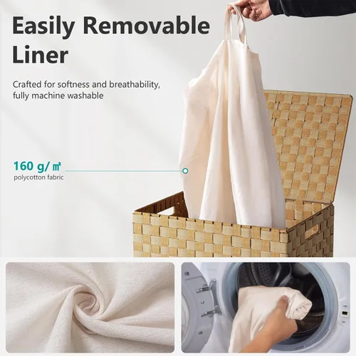 Vista 5 de Fiona's magic - Cesta plegable para ropa sucia con tapa, tejida a mano de 96 litros con bolsas de forro extraíbles, cesta alta plegable