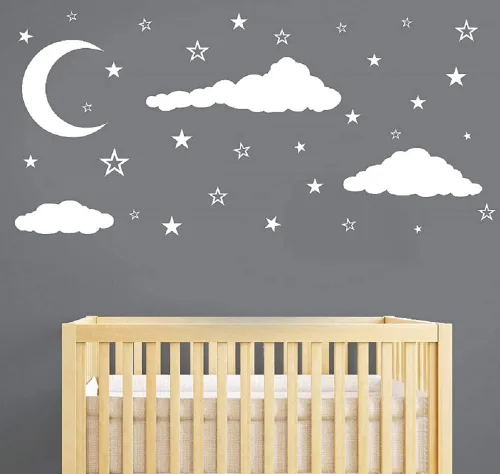 Vista 3 de Calcomanías de pared de vinilo 3D creativas extraíbles con nubes blancas, luna y estrellas, calcomanías de pared para el hogar, decoración de pared