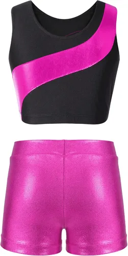 Vista 2 de Conjunto deportivo de 2 piezas para niñas, camiseta sin mangas brillante con pantalones cortos, para gimnasio, deportes, leotardo, entrenamiento