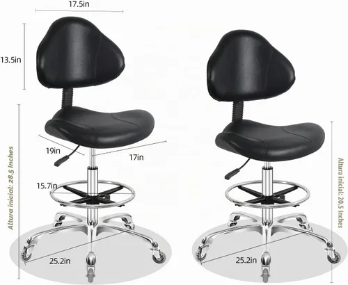 Vista 2 de Silla de dibujo giratoria con ruedas, ajustable, resistente (400 libras), soporte lumbar, silla de tareas para escritorio en casa, estudio Negro