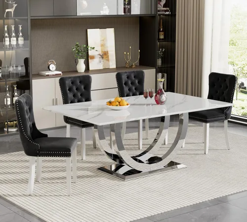 Vista 20 de HomVent Juego de mesa de comedor rectangular para 4, juego de mesa de cocina rectangular, juego de mesa de comedor de mármol sintético, juego