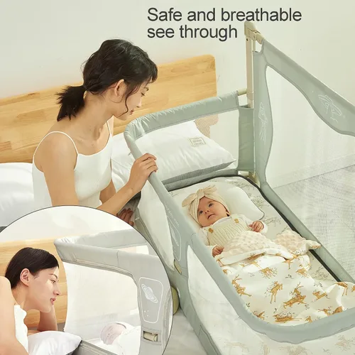 Vista 2 de Cuna portátil 3 en 1 para bebé, ventana de malla transpirable y visible, cubierta de forro suave y lavable y aleación de aluminio resistente, moisés