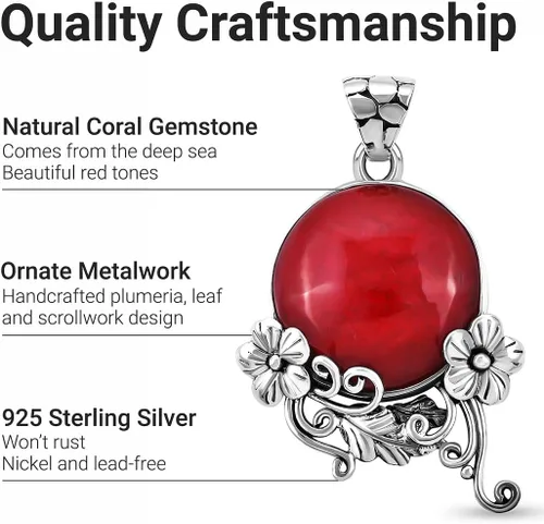 Vista 3 de Shop LC - Colgante de coral rojo en plata de ley 925 - Colgante de cabujón de coral de Bali hecho a mano para collar - Colgante de piedras preciosas