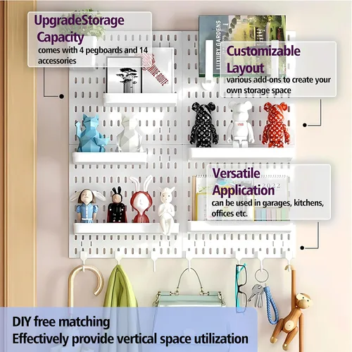 Vista 3 de Kit de Combinación de Tablero Perforado, Organizador de Pared Modular Blanco de Tablero Perforado con 4 Tableros Perforados y Accesorios Colgantes
