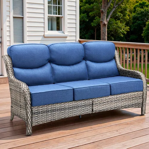 Vista 27 de Sofá de lujo para patio al aire libre, sofá de mimbre resistente para todo tipo de clima, sofá de 3 plazas con asiento profundo y funda extraíble