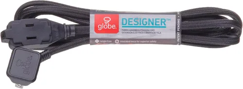 Vista 8 de Globe Electric 22810 - Cable de extensión de tela de 9 pies, 3 salidas polarizadas, enchufe de ángulo recto, 125 voltios, negro, decoración