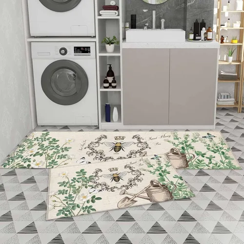 Vista 9 de T&H XHome Juego de 2 alfombras de cocina, diseño vintage de abejas de miel, girasol, antideslizantes, parte trasera de goma, tapetes acolchados