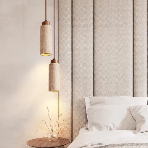 Vista 2 de Bedroom Bedside Mini Travertine Pendant Lights, Nordic Natural Stone Shade Ceiling Hanging Lighting with E27/E26 Sockets, 59 in Adjustable Height