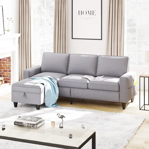 Vista 8 de Lonkwa Sofá en forma de L para sala de estar, sofá modular convertible con otomana de almacenamiento, sofás seccionales grises de 3 asientos