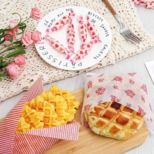Vista 5 de Whaline 150 hojas de papel de cera para el día de San Valentín, diseño de corazón rosa a rayas rosadas, papel de pícnic, a prueba de grasa