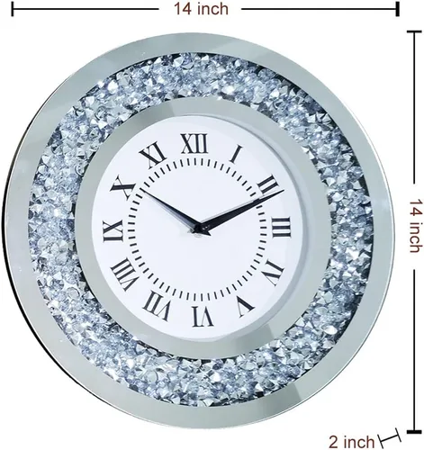 Vista 2 de Reloj de pared grande con espejo plateado brillante brillante brillante con diamantes para decoración de pared, espejo de cristal plateado