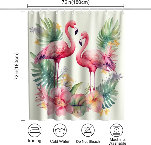 Vista 4 de Cortina de ducha con diseño de flamenco, diseño de animales románticos, hojas de palmera tropicales, verde salvia, floral, diseño natural, acuarela