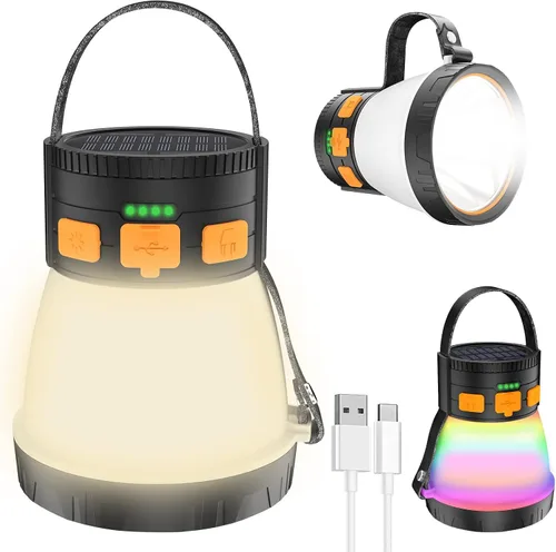 Vista 2 de Linterna LED para campamento, 1500 lúmenes, linterna de campamento recargable con carga de panel solar, impermeable, 8 modos de luz, banco