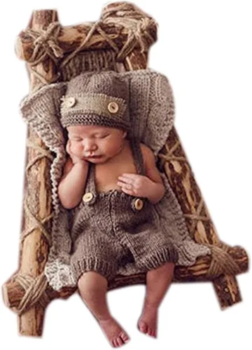 Vista 2 de Vemonllas Accesorios de fotografía para recién nacidos, accesorios de fotos para niñas, niños, bebés, sombrero de punto hecho a mano, gorro