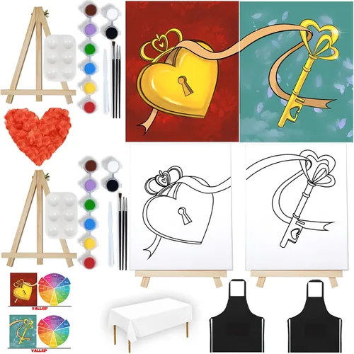 Vista 7 de VALLSIP Paquete de 2 Kit de Pintura y Bebida con Lienzo Pre-dibujado para Pintar para Adultos Lienzo Estirado Juegos de Parejas Noche de Cita
