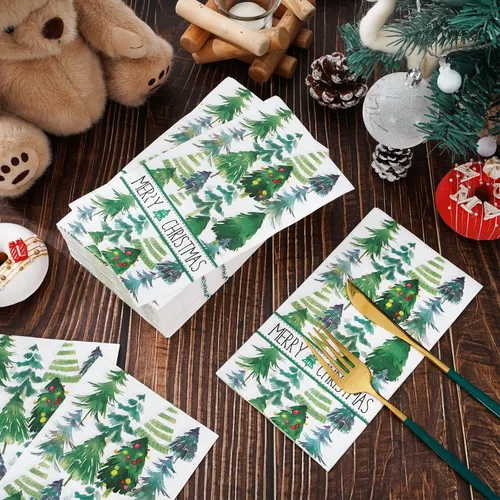 Vista 3 de Servilletas de Navidad para invitados de Navidad, árbol de Navidad, servilletas de papel desechables de 3 capas de acuarela verde para cena